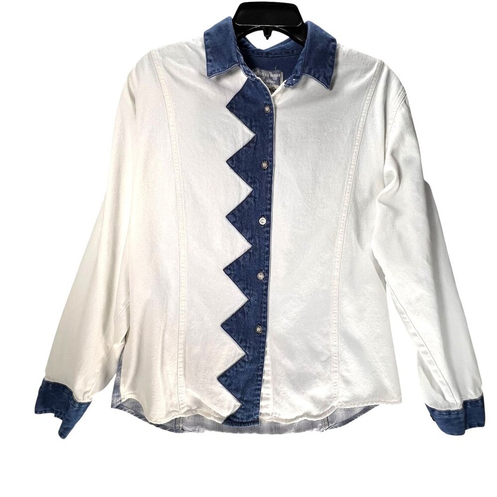 Vtg Wrangler Western Wear Denim Shirt White Blue Cowgirl Rodeo Zig Zag Plaid Lg